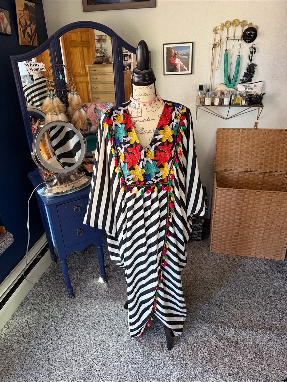 Striped Black & White Embroidered V-Neck Dress with Multicolor Floral Detail